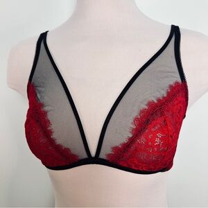 Soma Breathtaking Unlined Plunge Bra 32DDD Red Lace & Sheer Black Mesh
